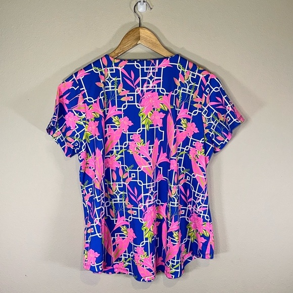 Lulu B Pink Blue Floral Print Short Sleeve V Neck Top Women XL Casual Athletic - Picture 3 of 8